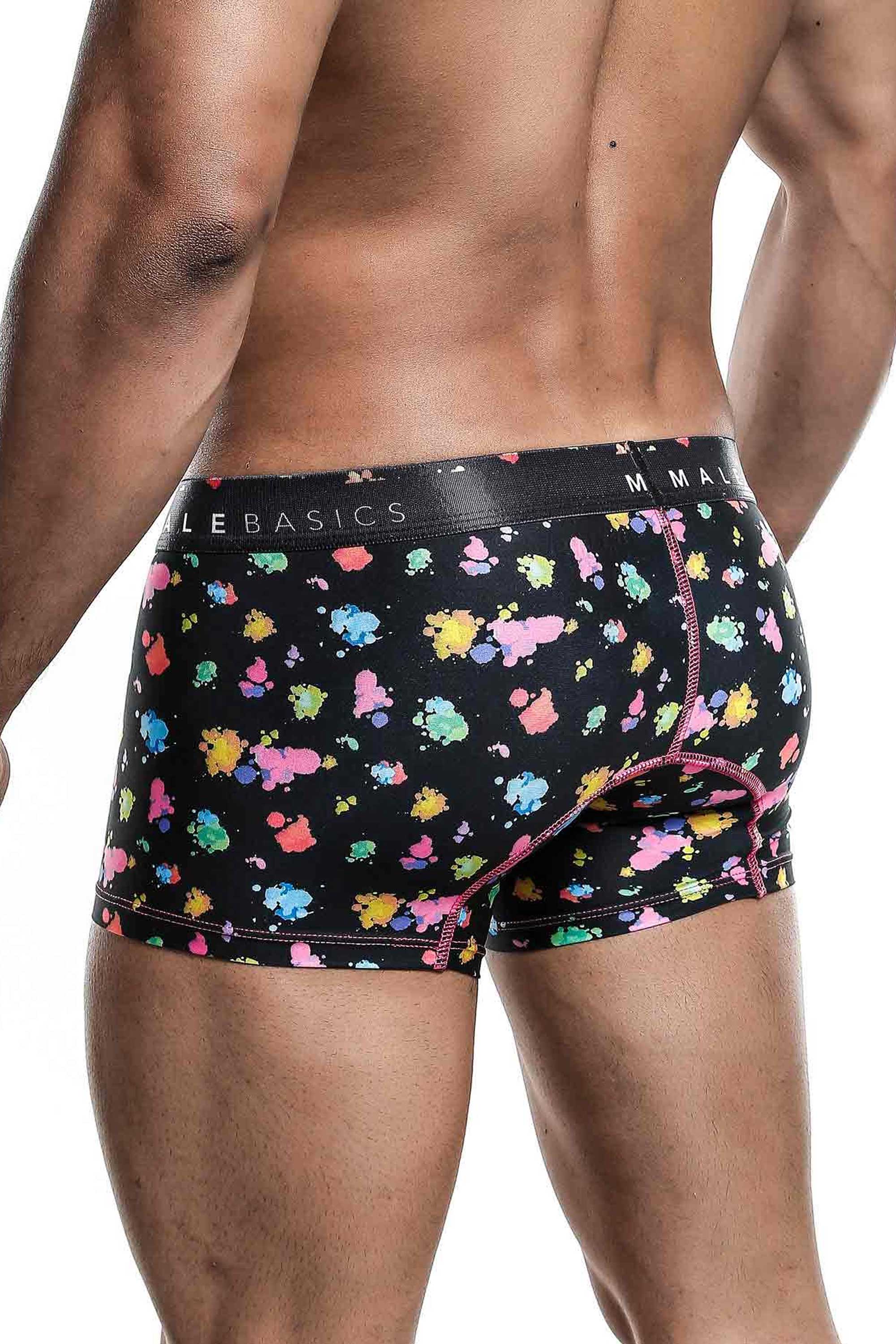 Mens Trunk Hipster Black Splash by Malebasics featuring a colorful splash design, made from breathable polyester and spandex for ultimate comfort.