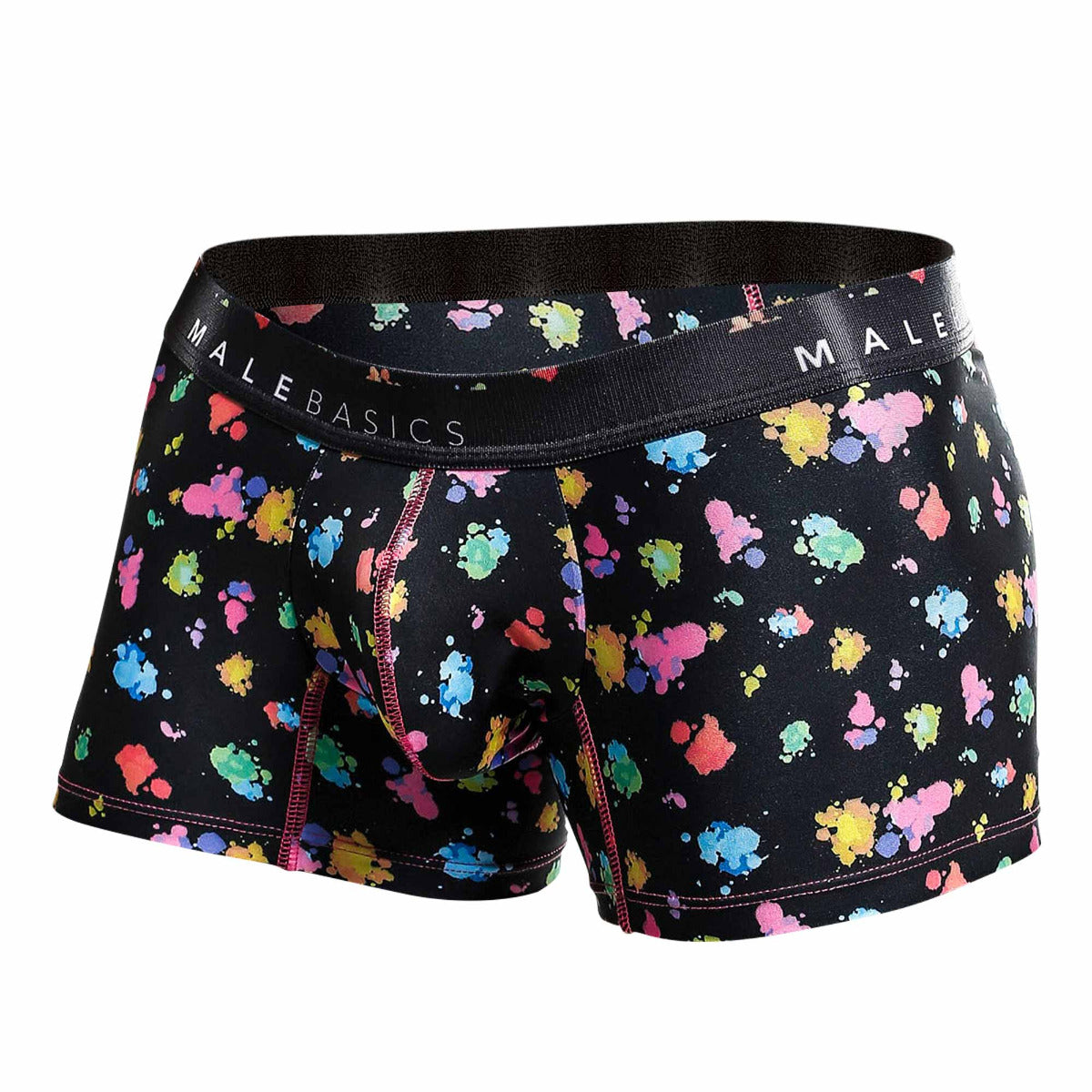 Mens Trunk Hipster Black Splash by Malebasics featuring a colorful splash design, made from breathable polyester and spandex for ultimate comfort.