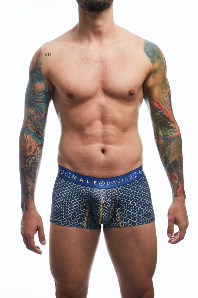 Mens Trunk Hipster by Malebasics featuring a blend of polyester and lycra, showcasing unique prints and a comfortable fit.