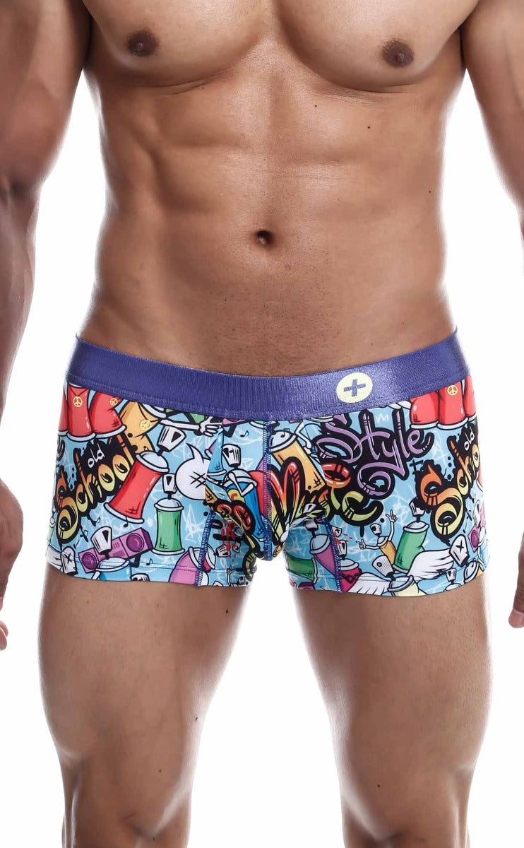 Mens Trunk Hipster Comics by Malebasics featuring a colorful comic print, designed for comfort and style.