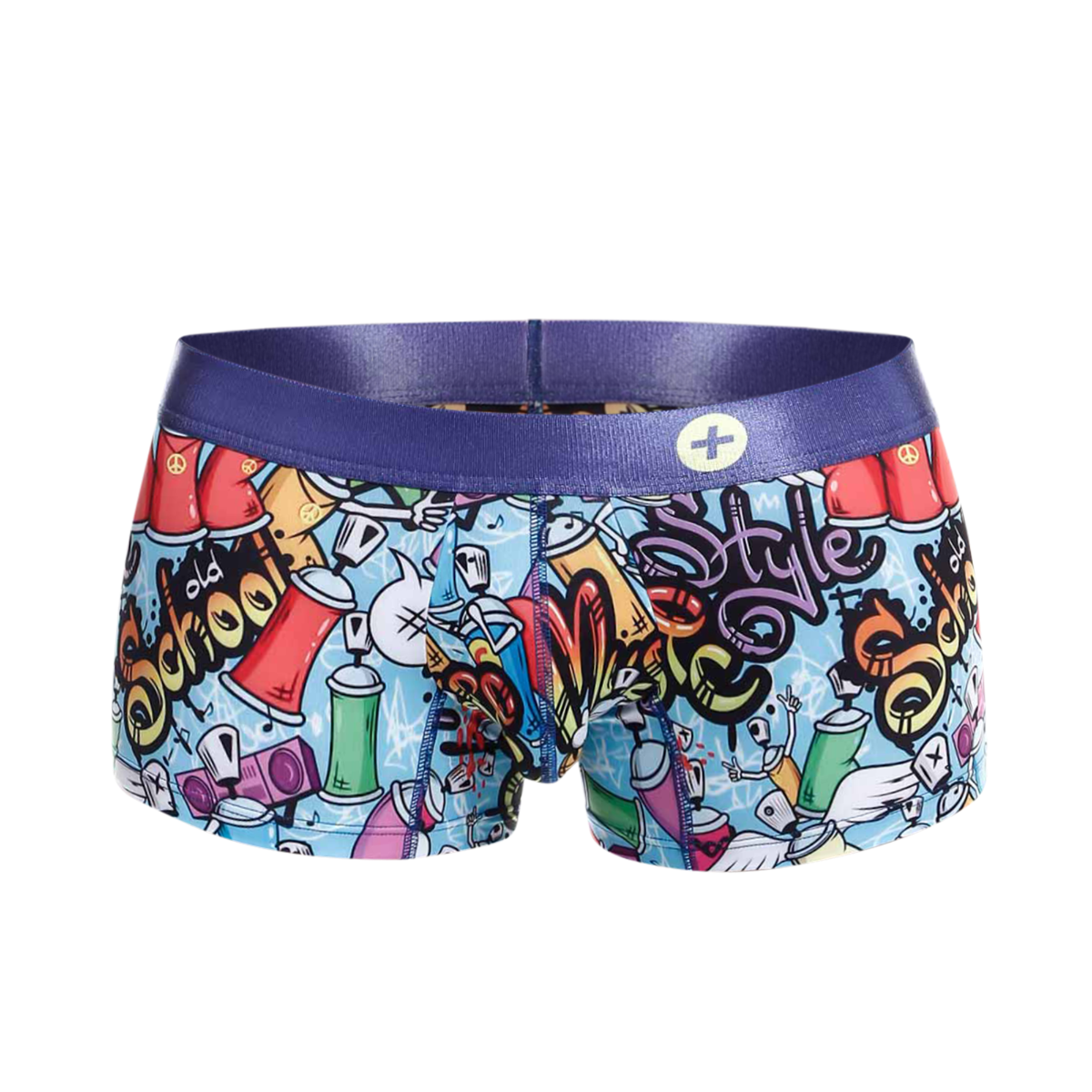 Mens Trunk Hipster Comics by Malebasics featuring a colorful comic print, designed for comfort and style.