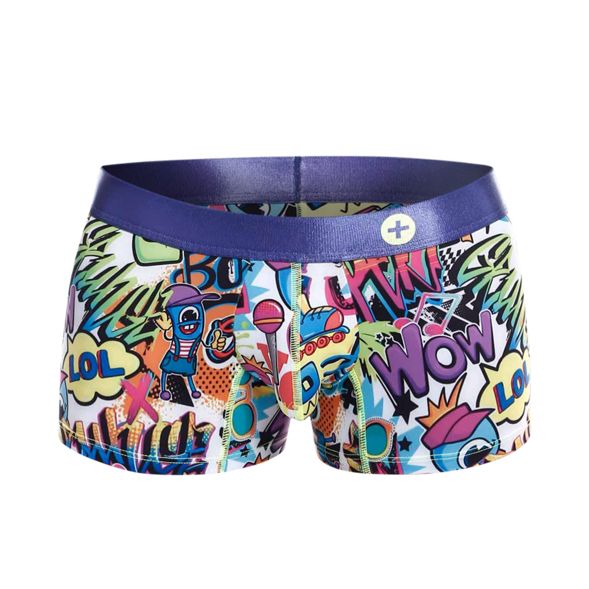 Mens Trunk Hipster Comics by Malebasics featuring a colorful comic print, designed for comfort and style.