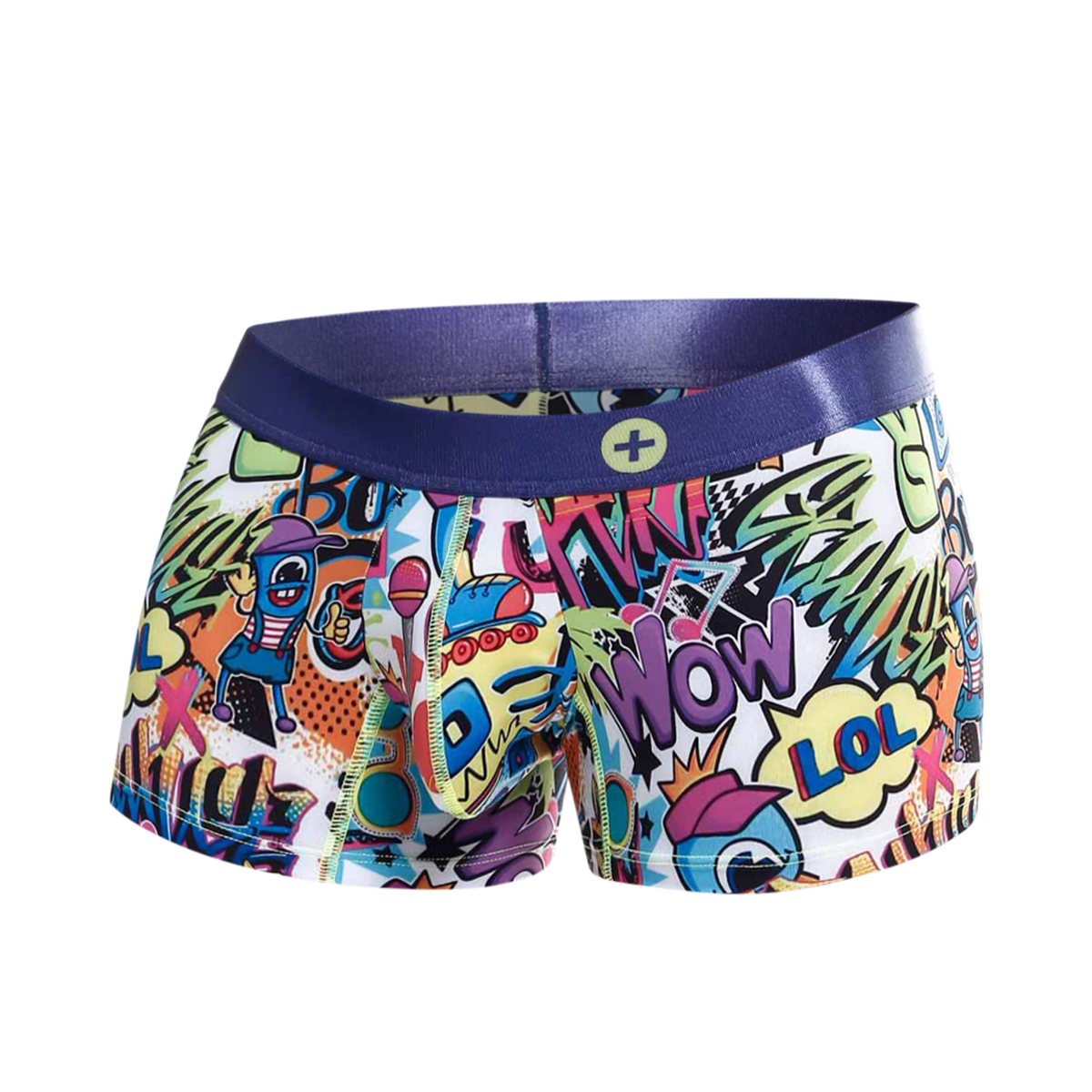 Mens Trunk Hipster Comics by Malebasics featuring a colorful comic print, designed for comfort and style.