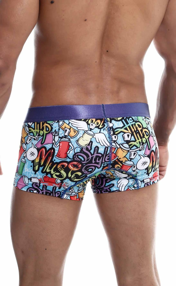 Mens Trunk Hipster Comics by Malebasics featuring a colorful comic print, designed for comfort and style.