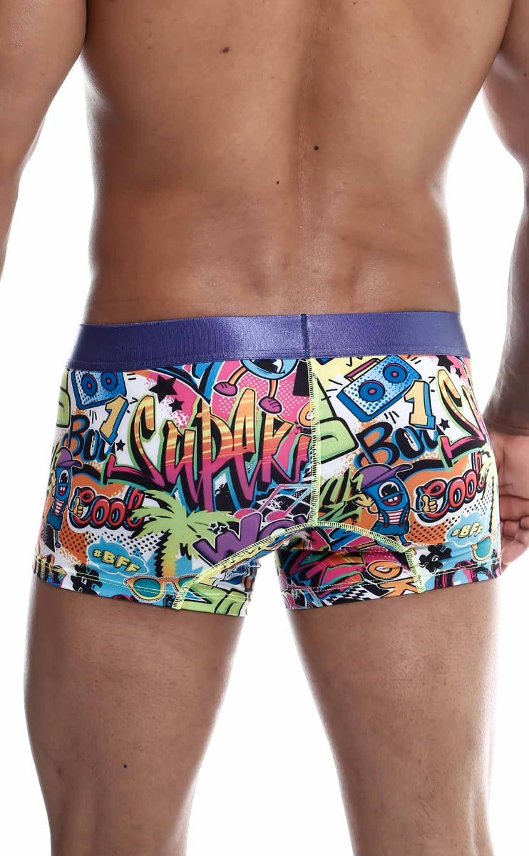 Mens Trunk Hipster Comics by Malebasics featuring a colorful comic print, designed for comfort and style.