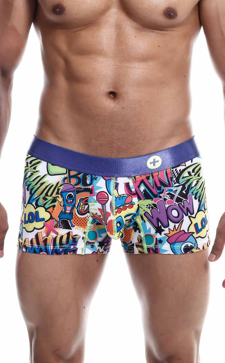 Mens Trunk Hipster Comics by Malebasics featuring a colorful comic print, designed for comfort and style.