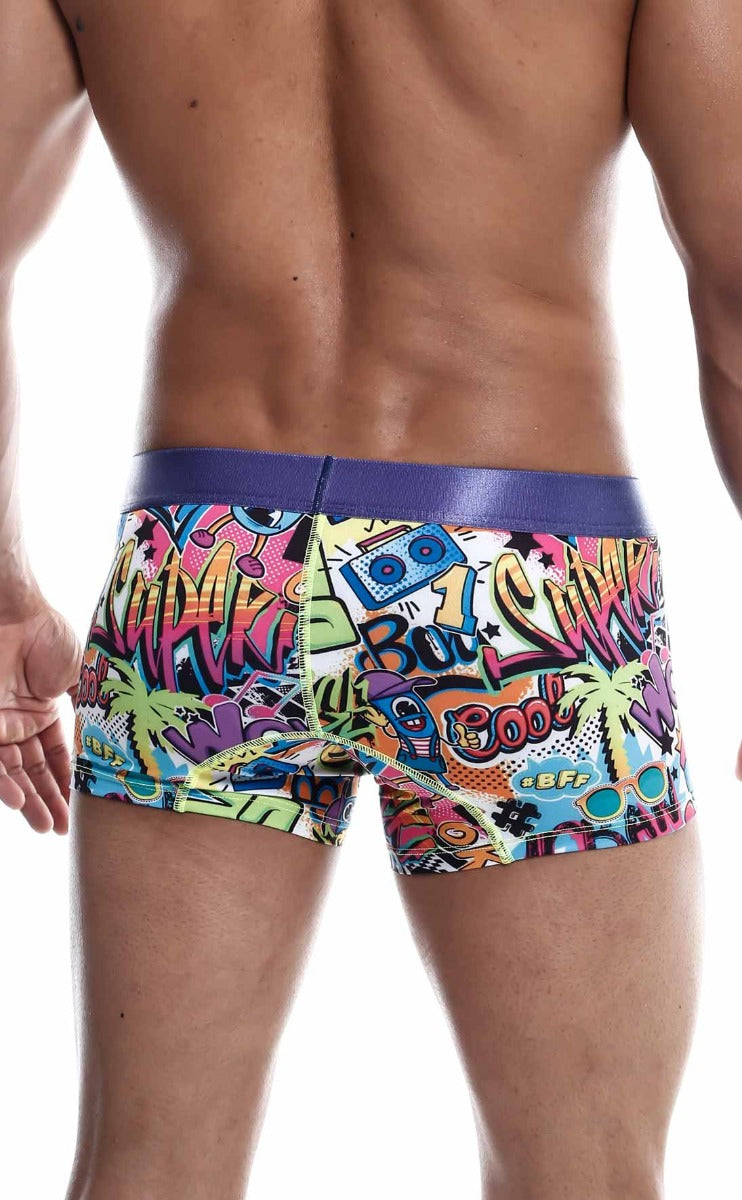 Mens Trunk Hipster Comics by Malebasics featuring a colorful comic print, designed for comfort and style.