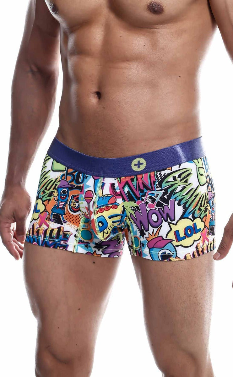 Mens Trunk Hipster Comics by Malebasics featuring a colorful comic print, designed for comfort and style.