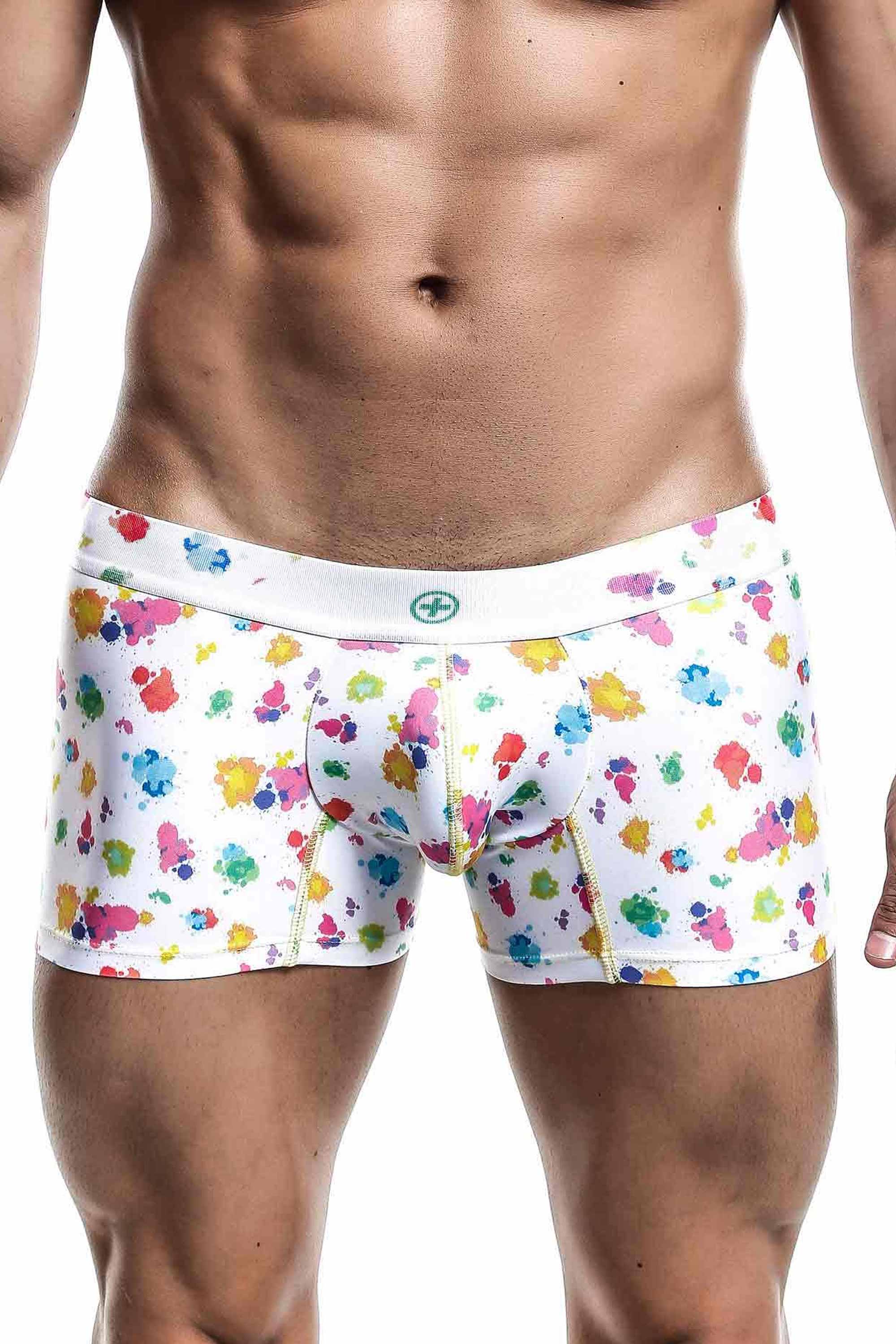Mens Trunk Hipster in White Splash print by Malebasics, showcasing a vibrant and stylish design with a soft and stretchy fabric.