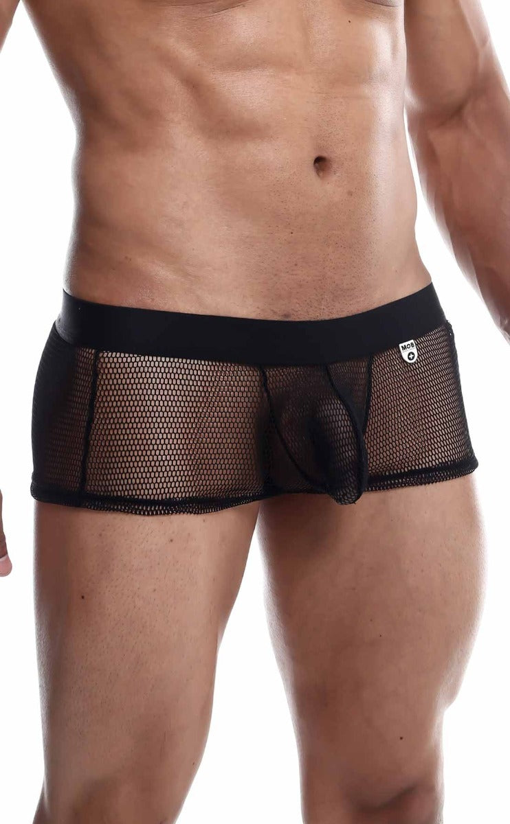 MOB Fishnet Boxer featuring seductive mesh design and soft front pouch, available in various bold colors.