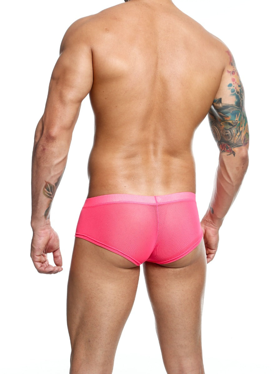 MOB Men's Sexy Sheer Hip Brief showcasing sheer mesh design, low rise cut, and contour pouch for support.