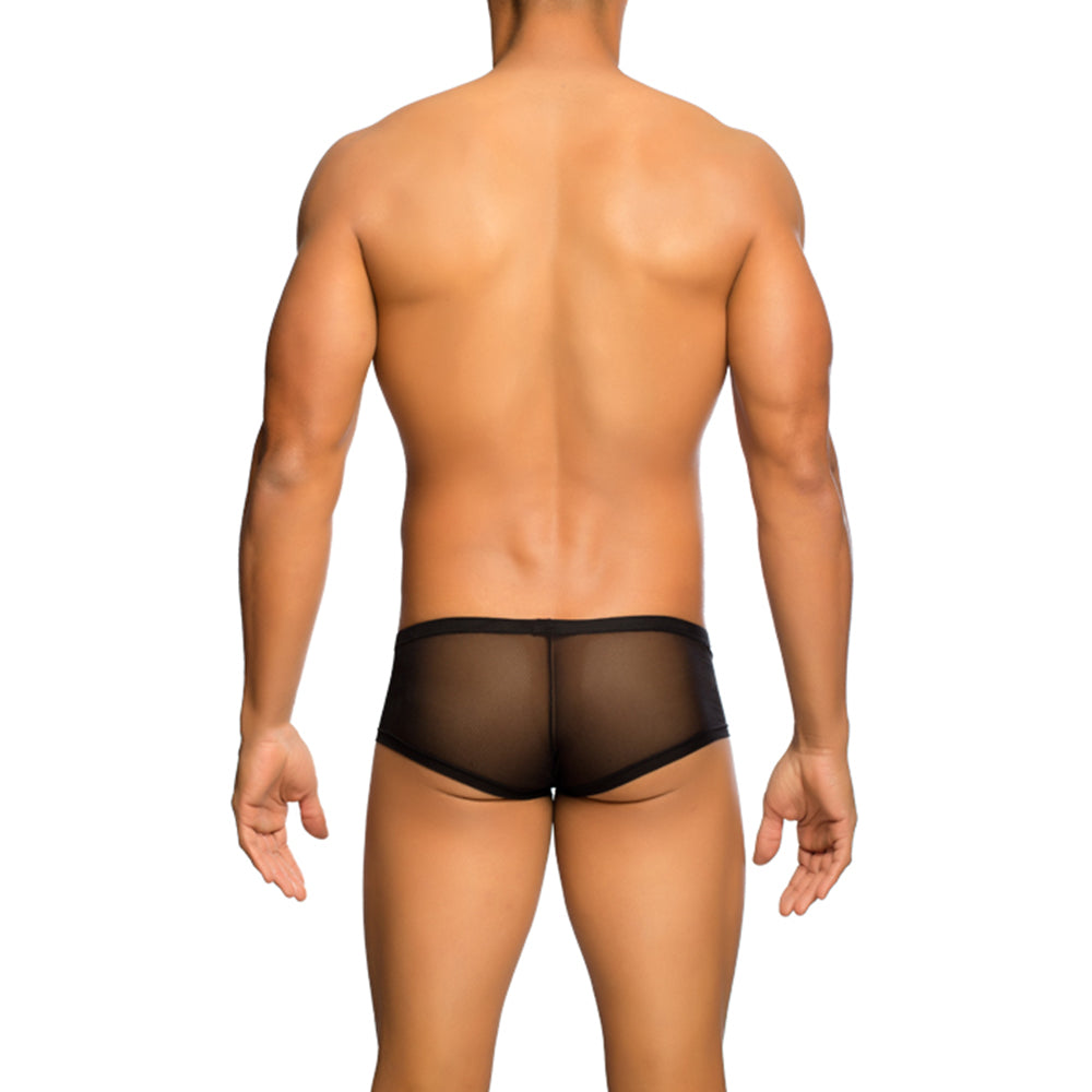 MOB Men's Sexy Sheer Hip Brief showcasing sheer mesh design, low rise cut, and contour pouch for support.