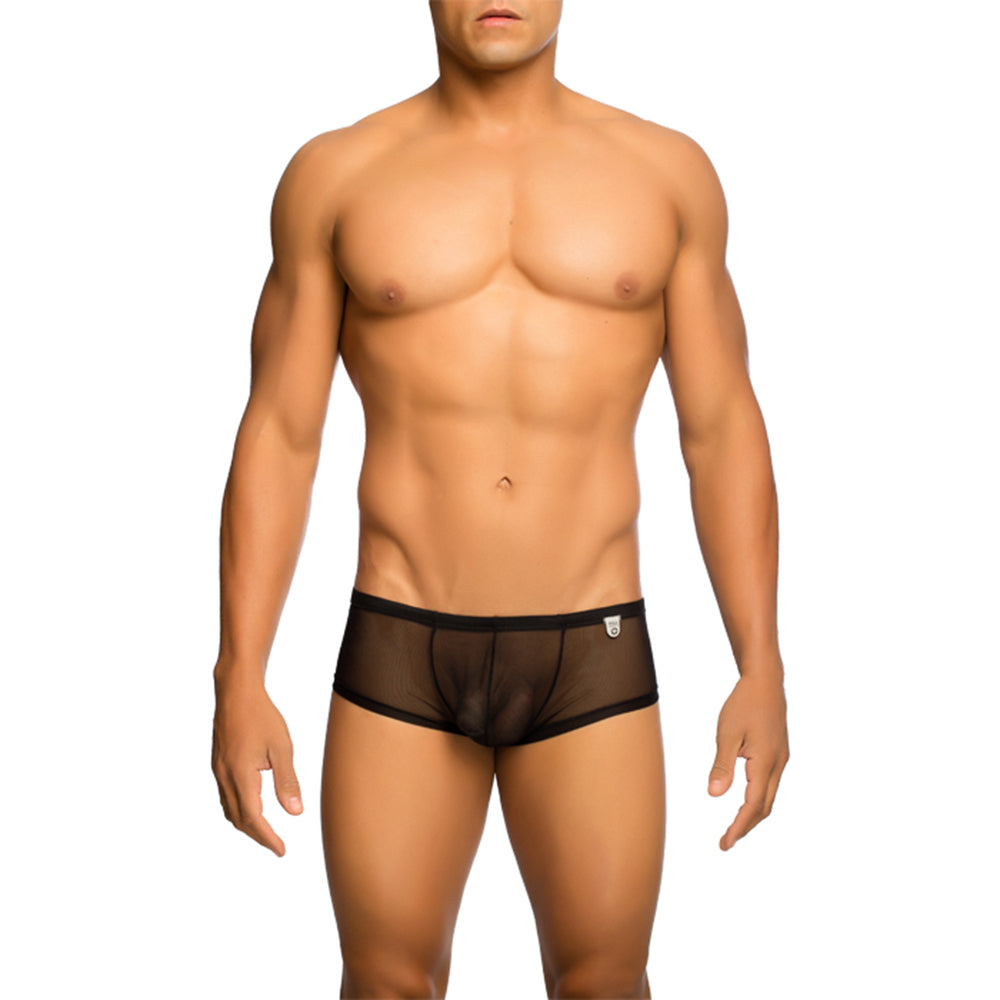 MOB Men's Sexy Sheer Hip Brief showcasing sheer mesh design, low rise cut, and contour pouch for support.