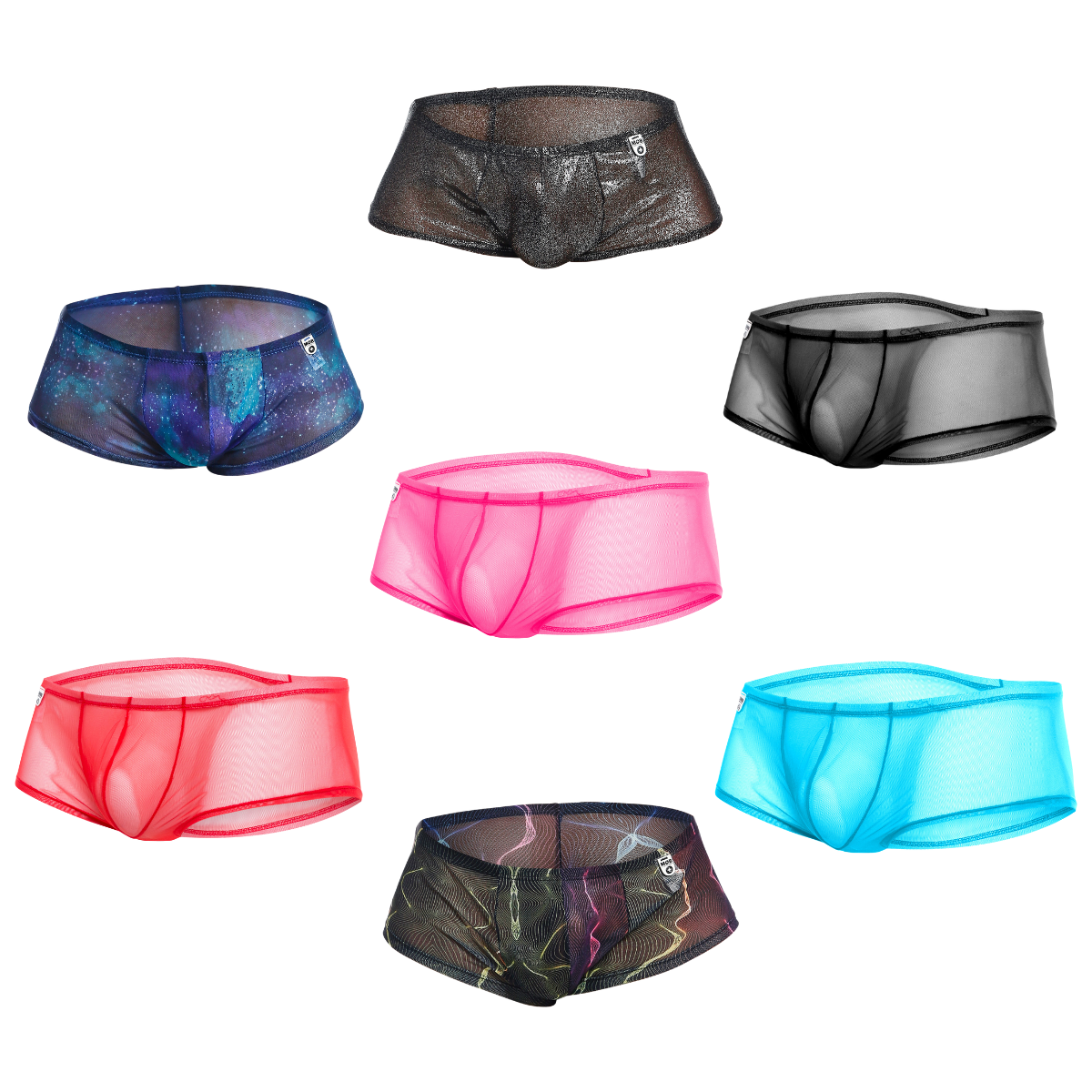 MOB Men's Sexy Sheer Hip Brief showcasing sheer mesh design, low rise cut, and contour pouch for support.