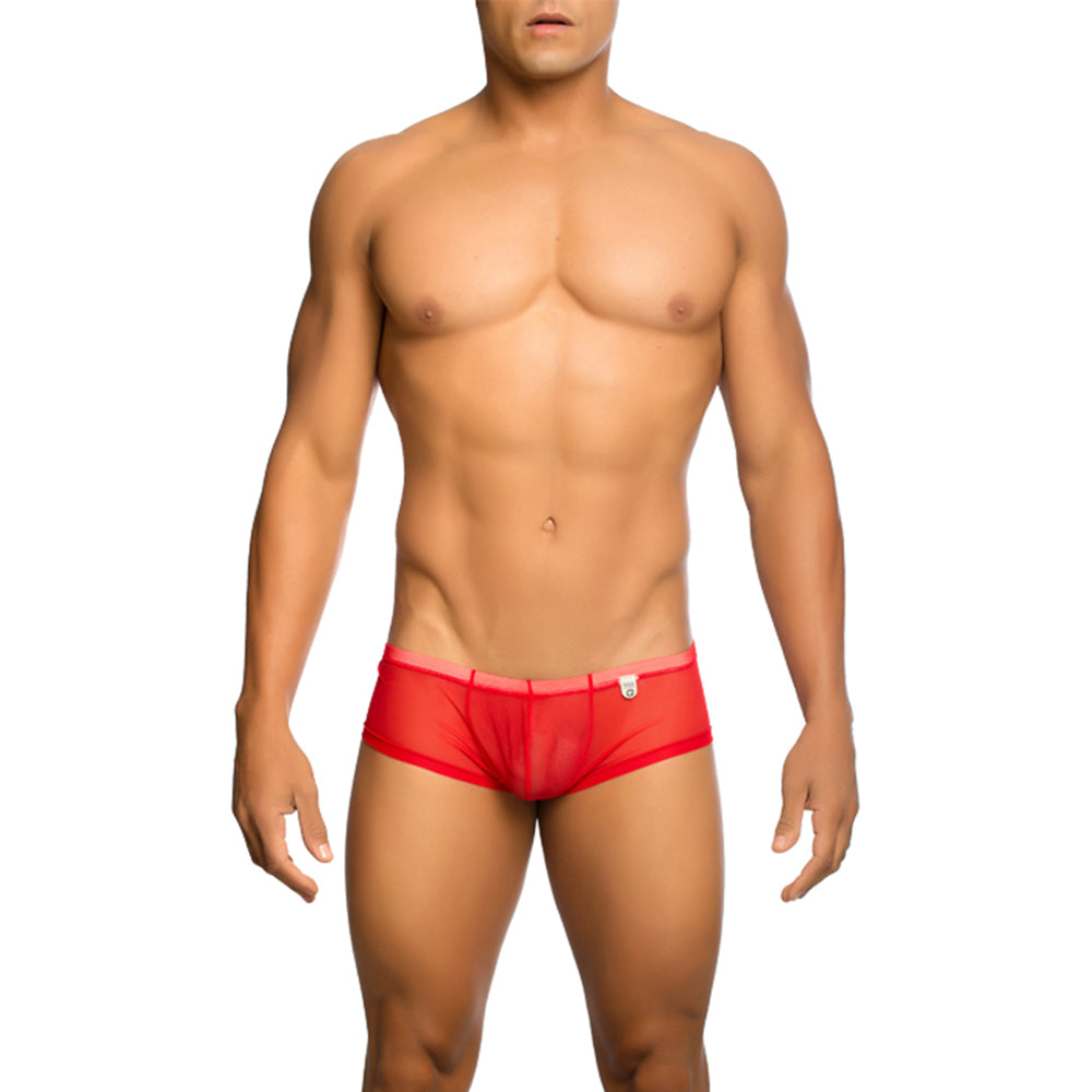 MOB Men's Sexy Sheer Hip Brief showcasing sheer mesh design, low rise cut, and contour pouch for support.