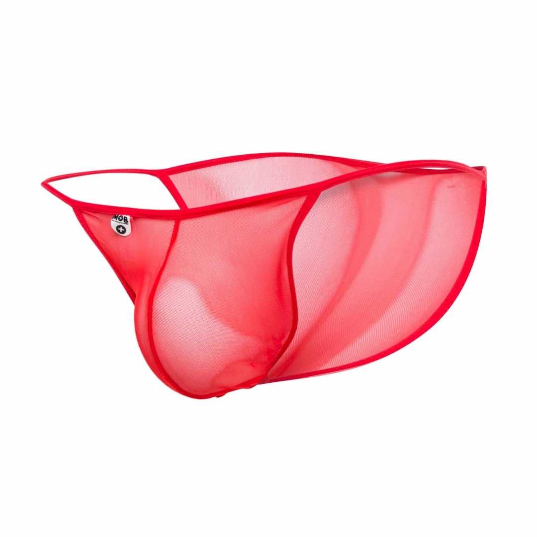 MOB Men's Sheer Bikini in black, showcasing its finely embroidered sheer mesh fabric and low-cut design.