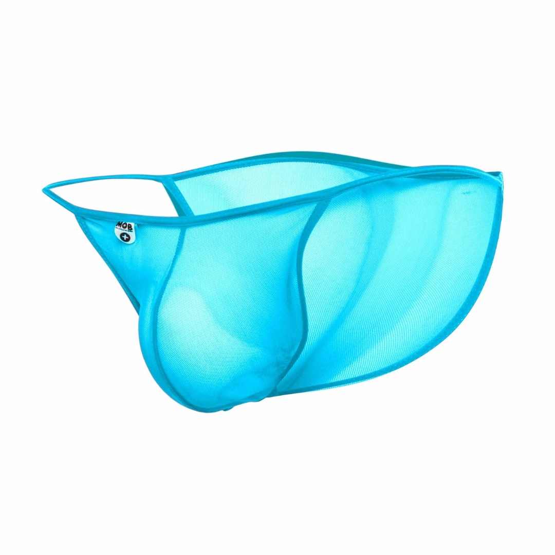 MOB Men's Sheer Bikini in black, showcasing its finely embroidered sheer mesh fabric and low-cut design.