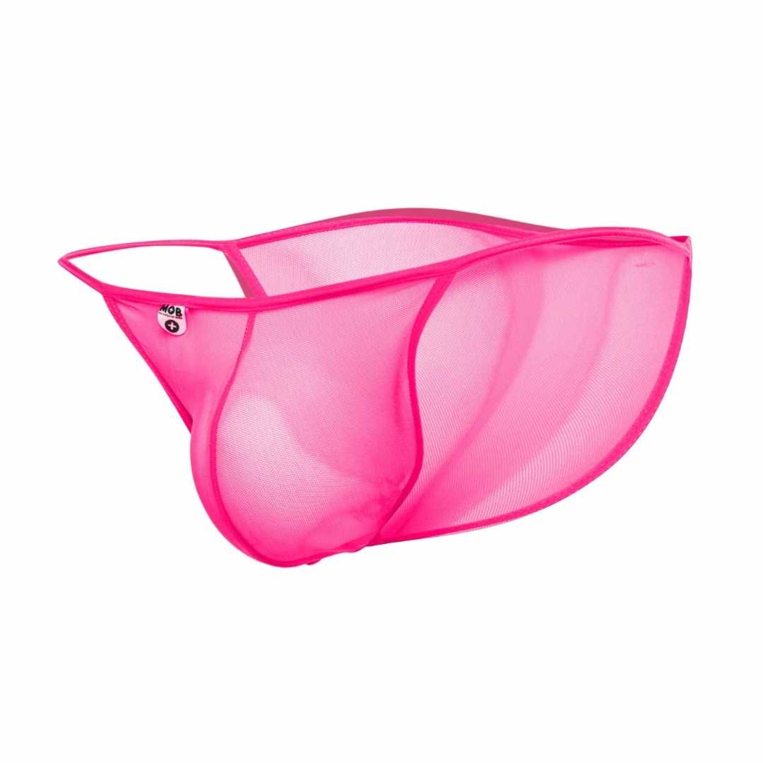 MOB Men's Sheer Bikini in black, showcasing its finely embroidered sheer mesh fabric and low-cut design.