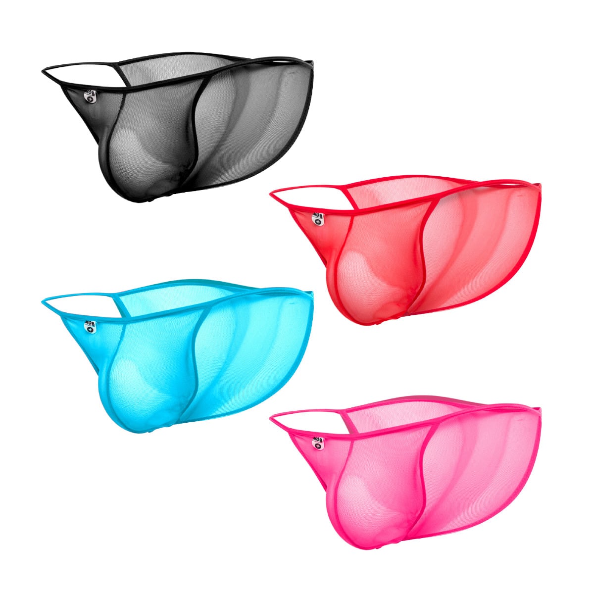 MOB Men's Sheer Bikini in black, showcasing its finely embroidered sheer mesh fabric and low-cut design.