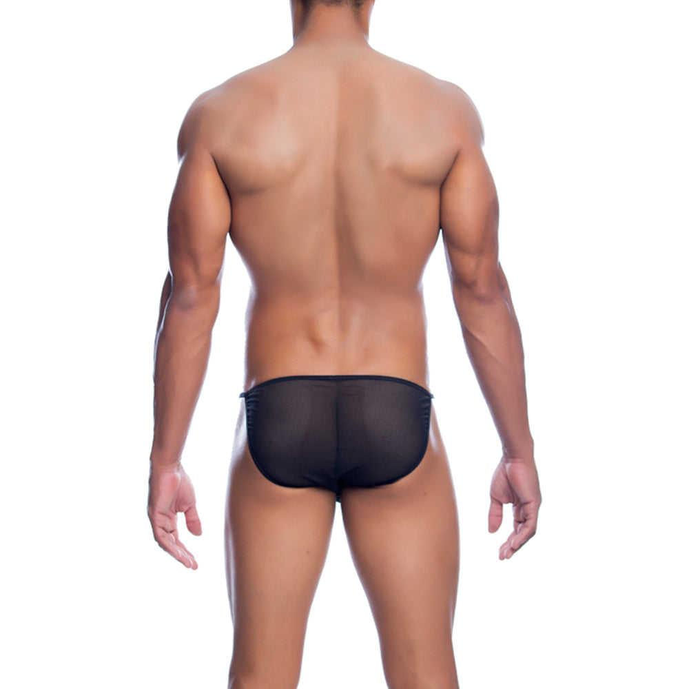 MOB Men's Sheer Bikini in black, showcasing its finely embroidered sheer mesh fabric and low-cut design.