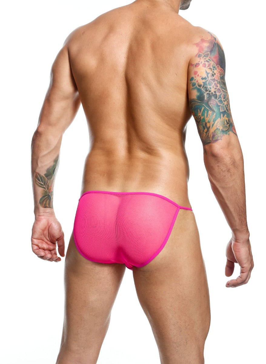 MOB Men's Sheer Bikini in black, showcasing its finely embroidered sheer mesh fabric and low-cut design.