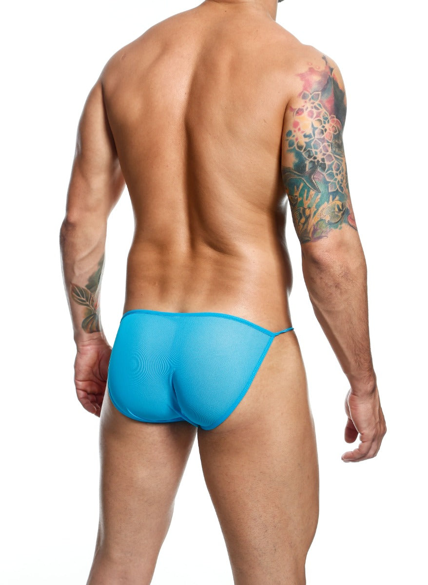 MOB Men's Sheer Bikini in black, showcasing its finely embroidered sheer mesh fabric and low-cut design.