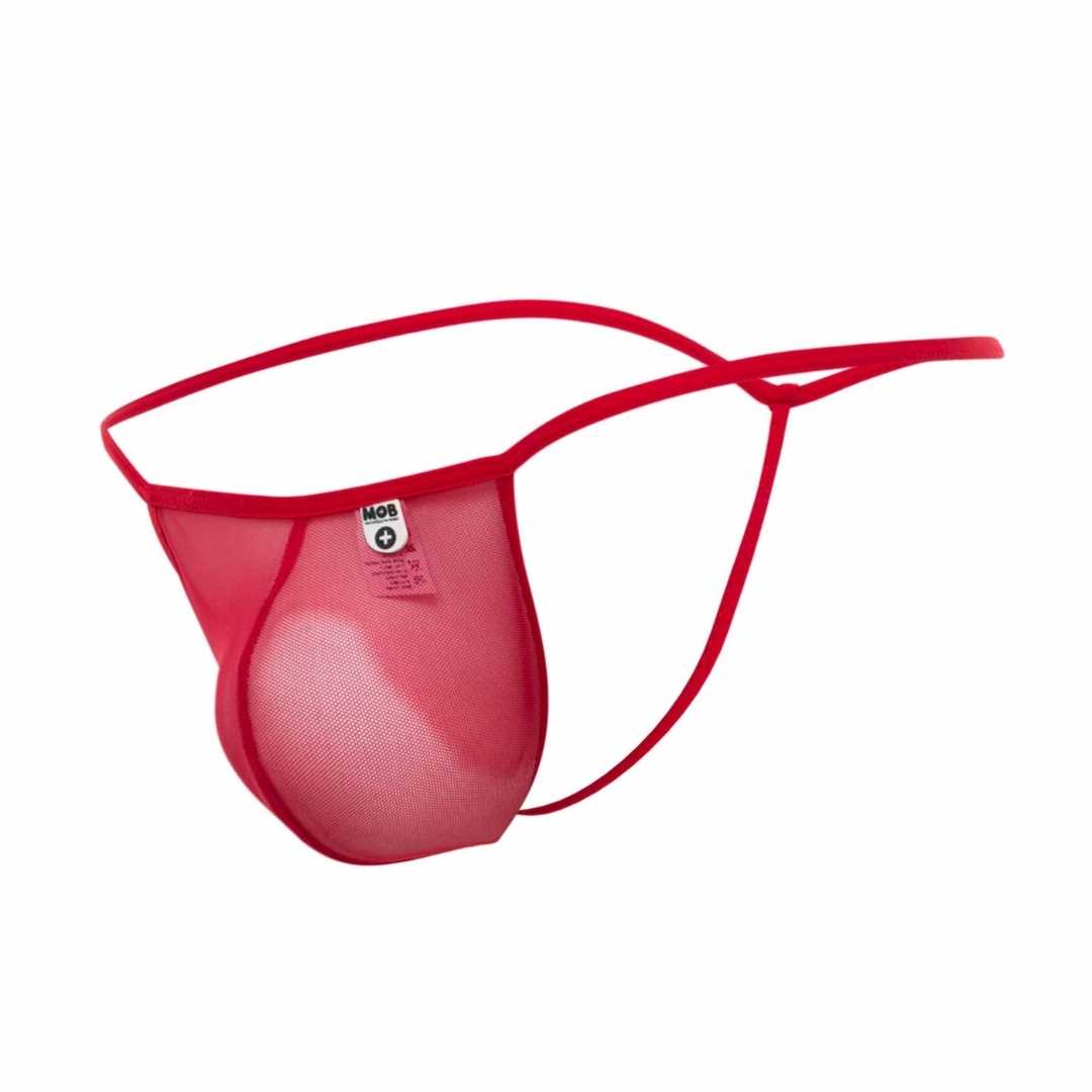 MOB Men's Sheer T Back Thong in sheer black, showcasing minimal coverage and soft tulle netting design.