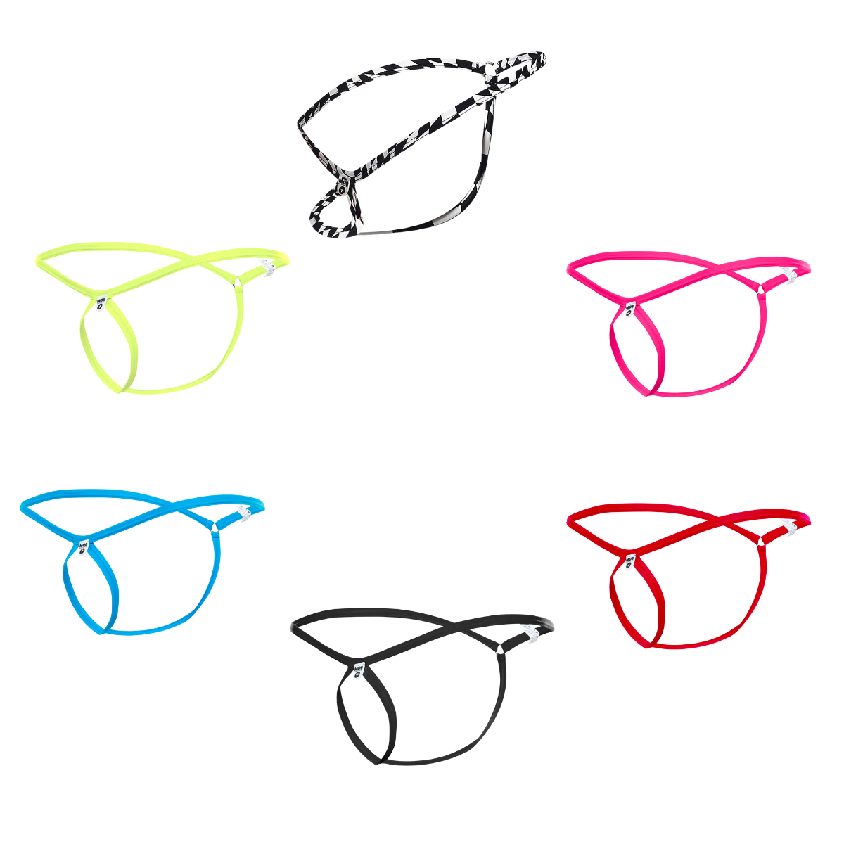 MOB Men's Tear Drop String Thong in vibrant colors, showcasing its unique tear drop design and soft nylon material.
