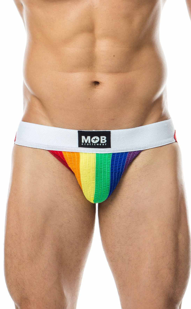 MOB Pride Flag jockstrap featuring vibrant pride flag colors, made of lightweight polyester for comfort.