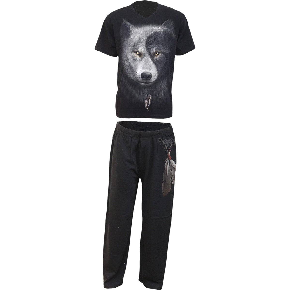 Black wolf-print t-shirt and pants.