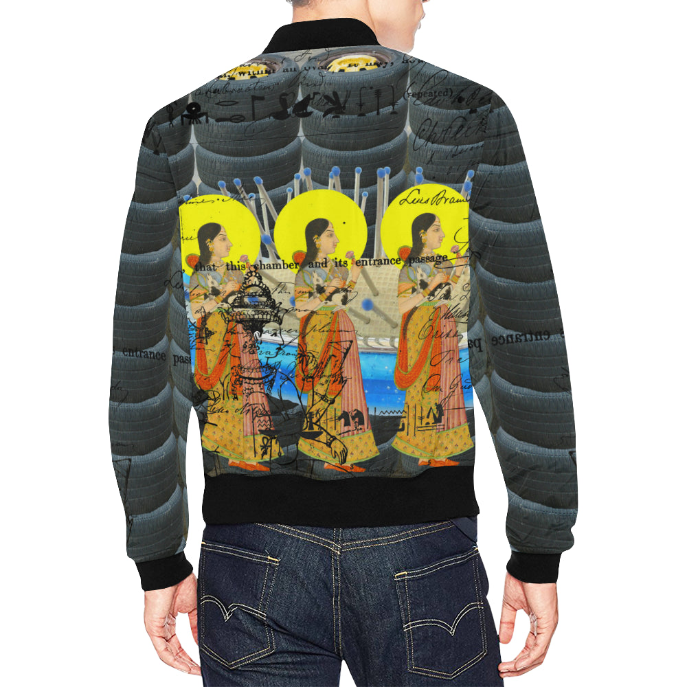 Men's bomber jacket featuring a vibrant all over print design, showcasing unique collage artwork.