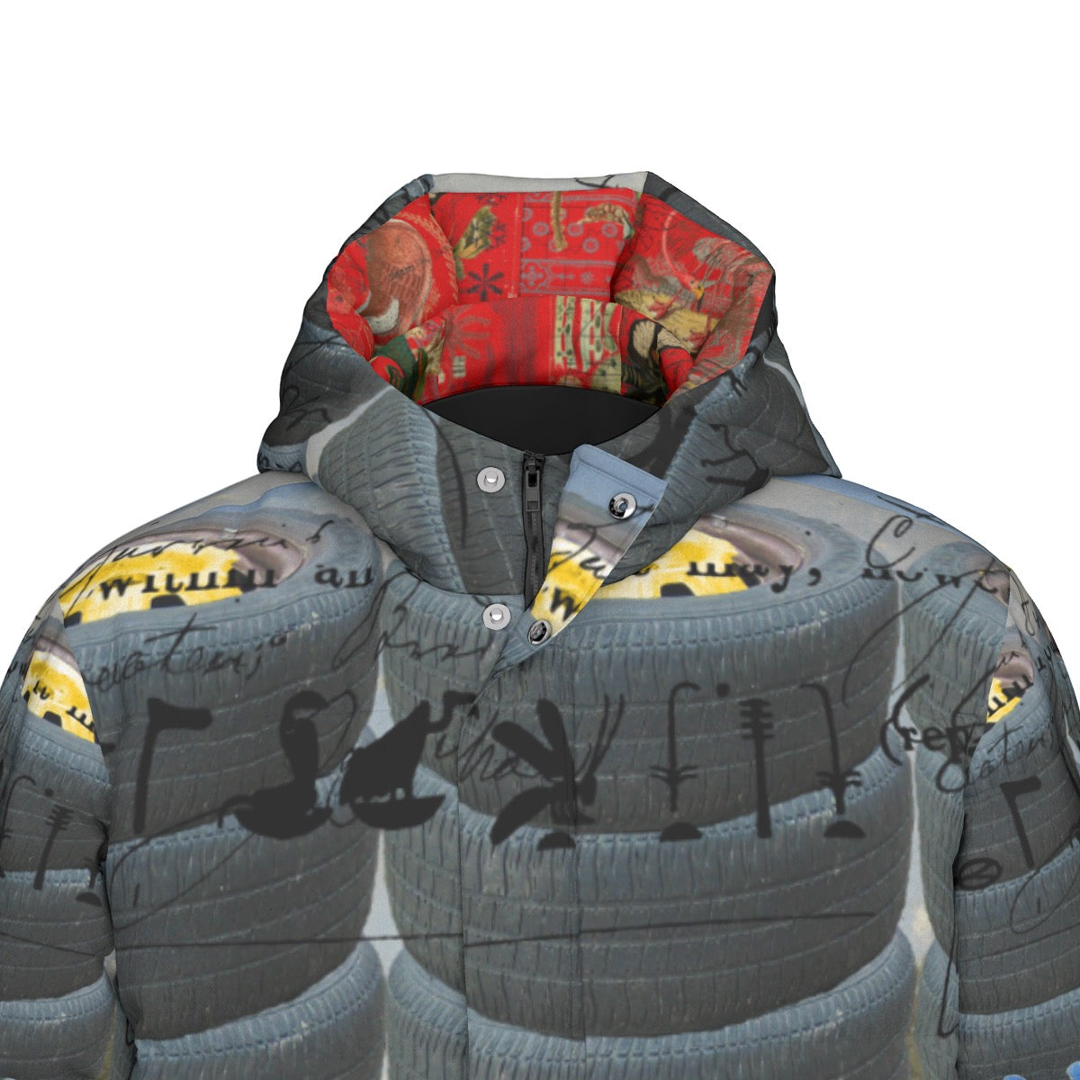 A stylish unisex long down jacket featuring a vibrant all-over print, designed for warmth and comfort in cold weather.