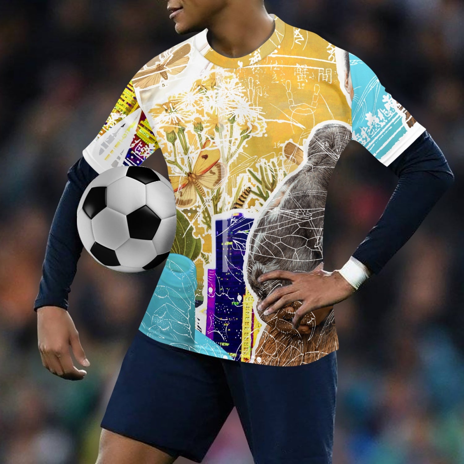 A vibrant 749 Soccer Jersey featuring an all-over print design, made from moisture-wicking polyester, ideal for athletes.