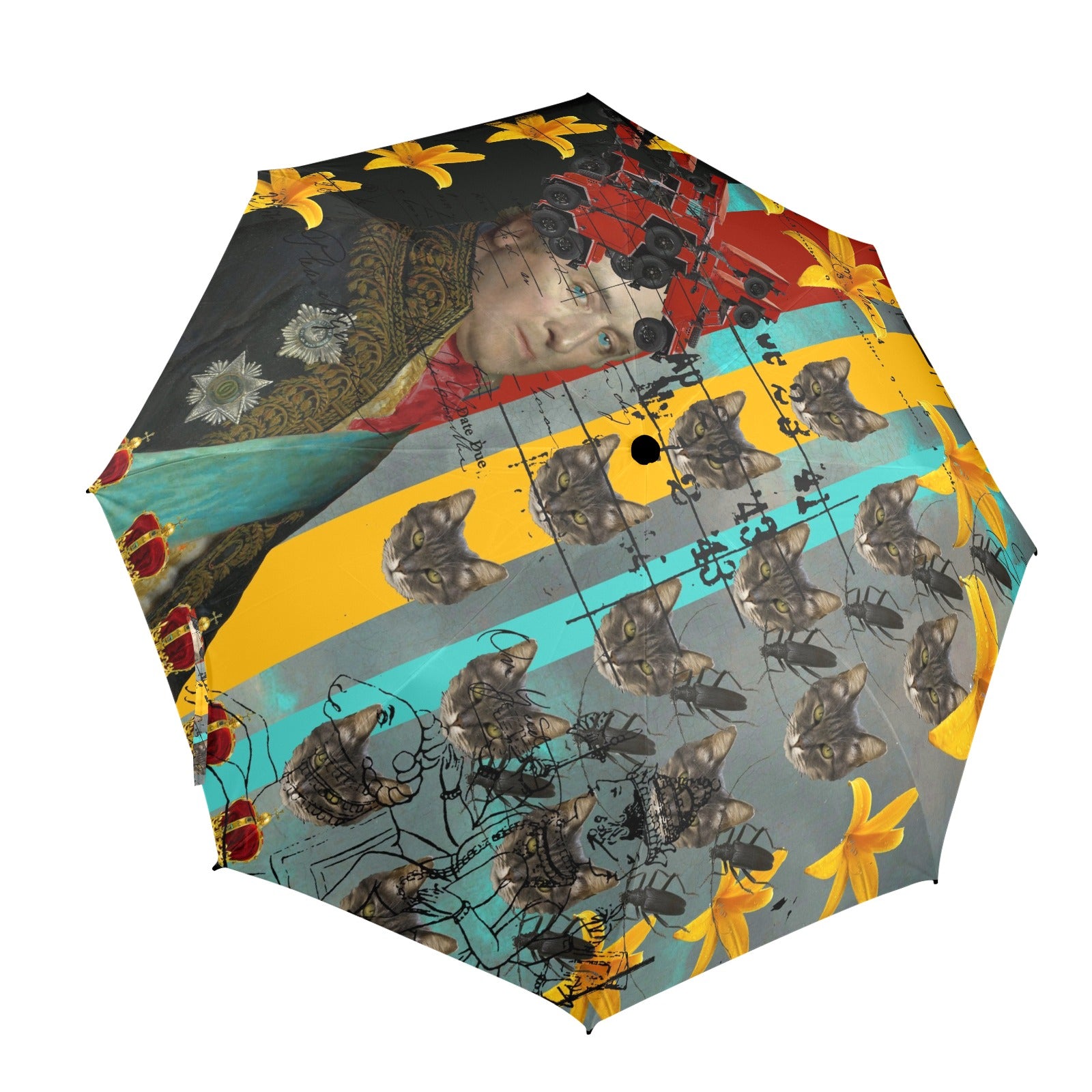 A HAT OF JEEPS Semi-Automatic Foldable Umbrella featuring vibrant collage designs and a comfortable foam handle.