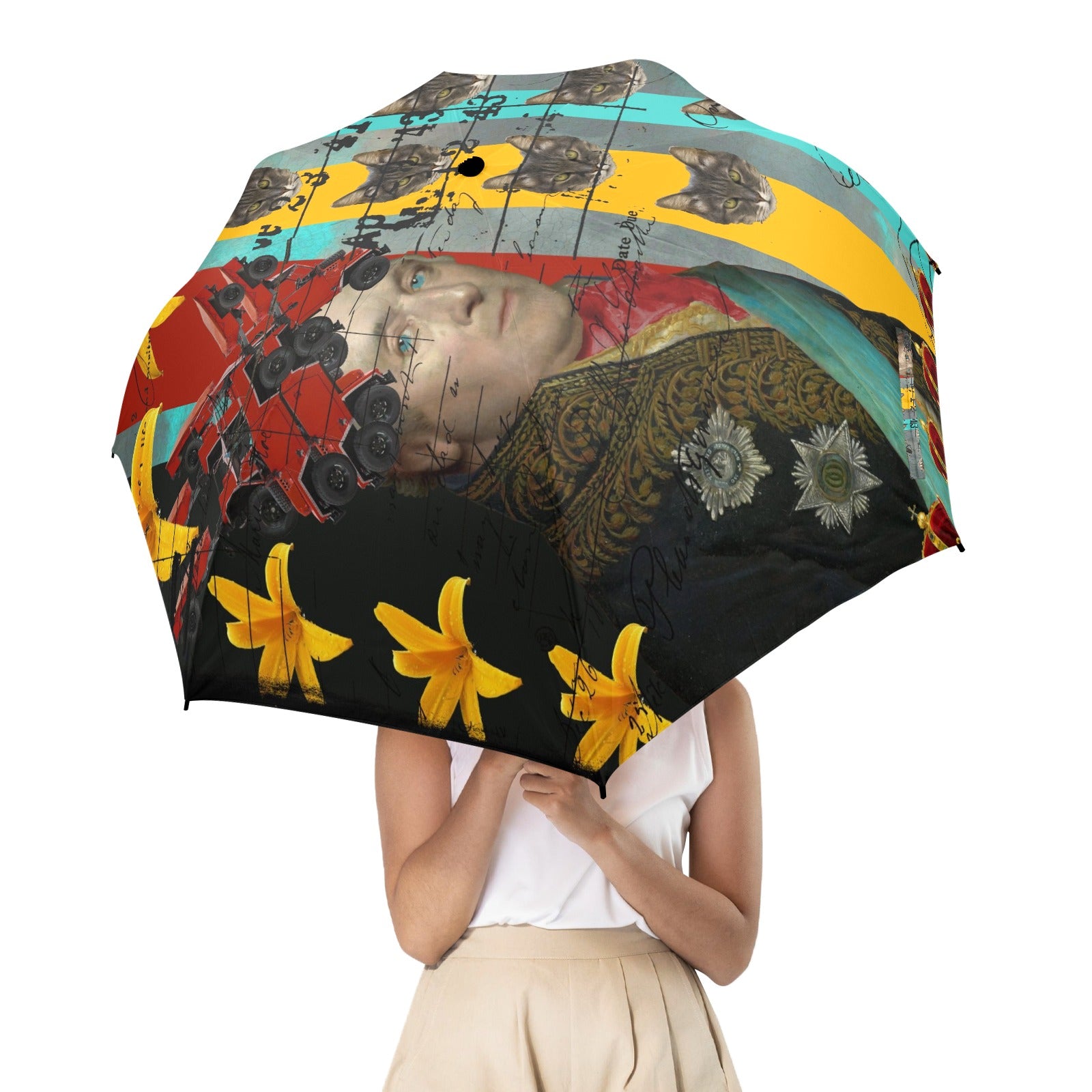 A HAT OF JEEPS Semi-Automatic Foldable Umbrella featuring vibrant collage designs and a comfortable foam handle.
