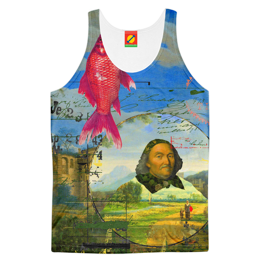 A vibrant men's tank top featuring an all-over landscape collage print, showcasing bright colors and a comfortable fit, perfect for summer wear.
