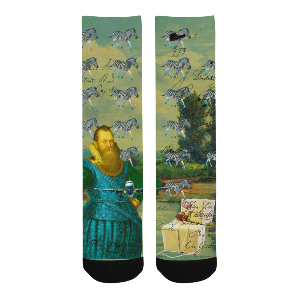 A PACKAGE FOR THE ZEBRAS socks featuring vibrant zebra collage design, made from soft polyester, suitable for men and women.