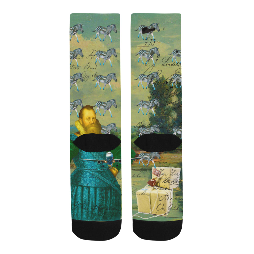 A PACKAGE FOR THE ZEBRAS socks featuring vibrant zebra collage design, made from soft polyester, suitable for men and women.