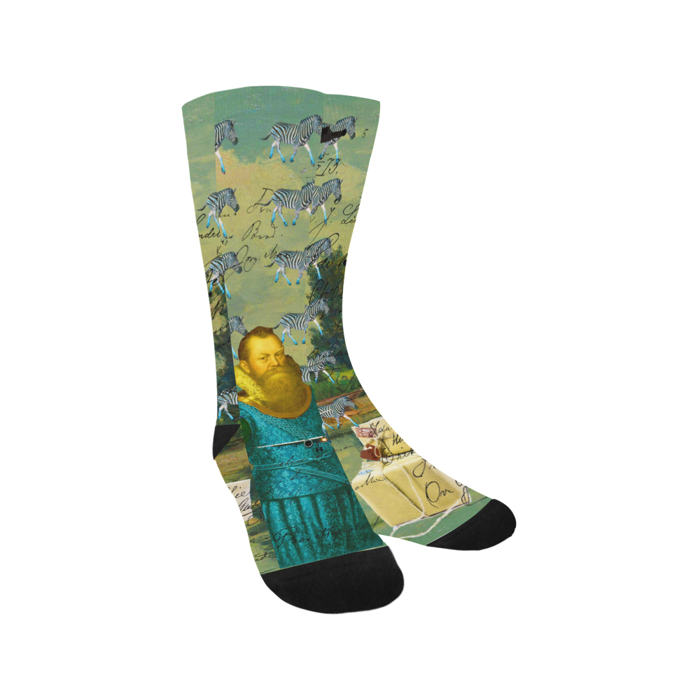 A PACKAGE FOR THE ZEBRAS socks featuring vibrant zebra collage design, made from soft polyester, suitable for men and women.