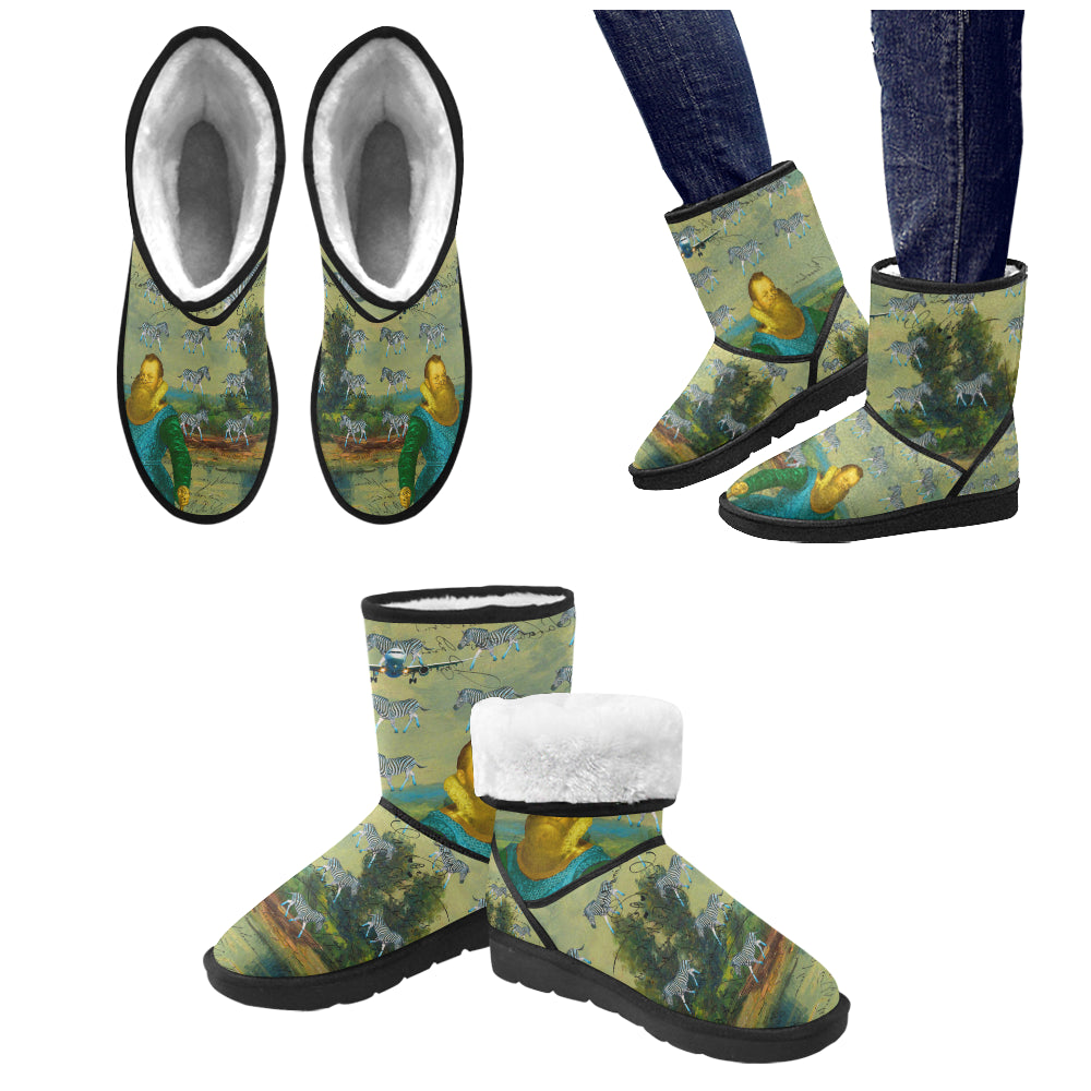 A PACKAGE FOR THE ZEBRAS Unisex All Over Print Snow Boots featuring vibrant art collage design, lightweight construction, and classic shape.