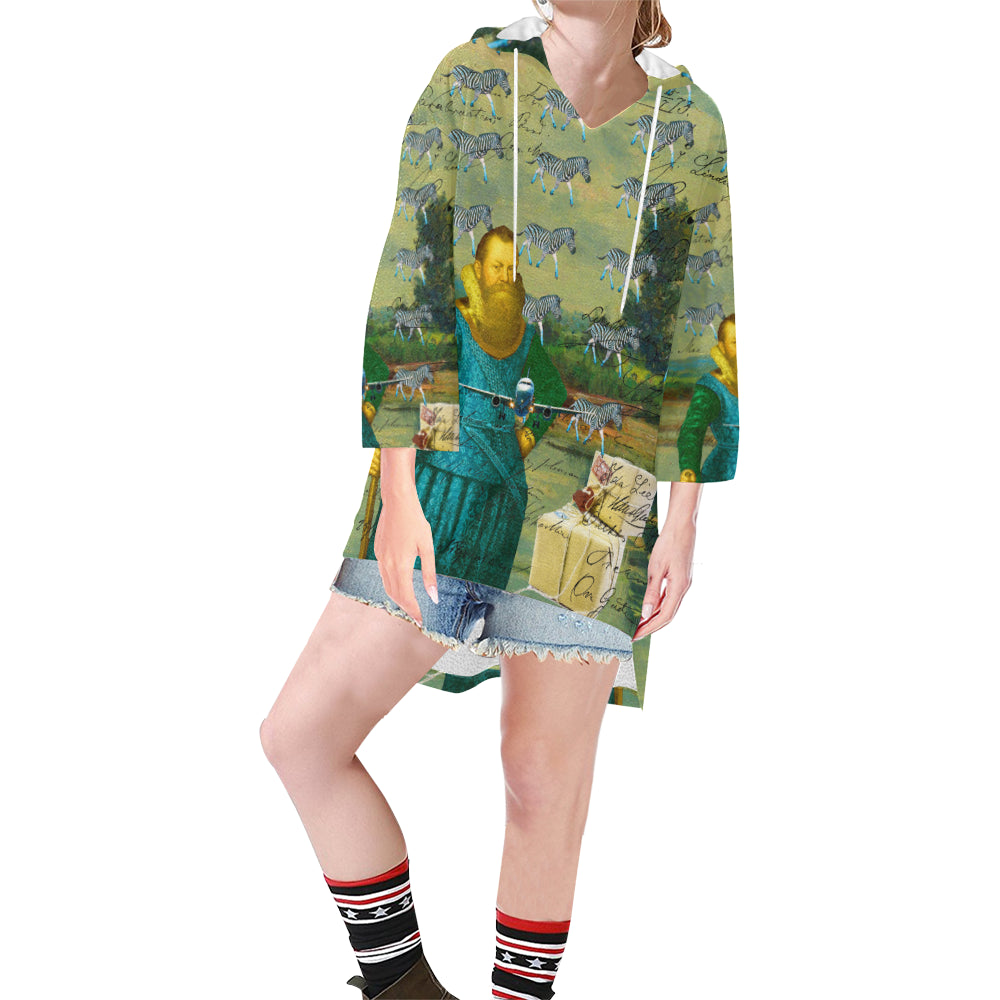 A PACKAGE FOR THE ZEBRAS Unisex Step Hem Tunic Hoodie featuring a drawstring hood, v-neckline, and vibrant collage prints in a soft oversized silhouette.
