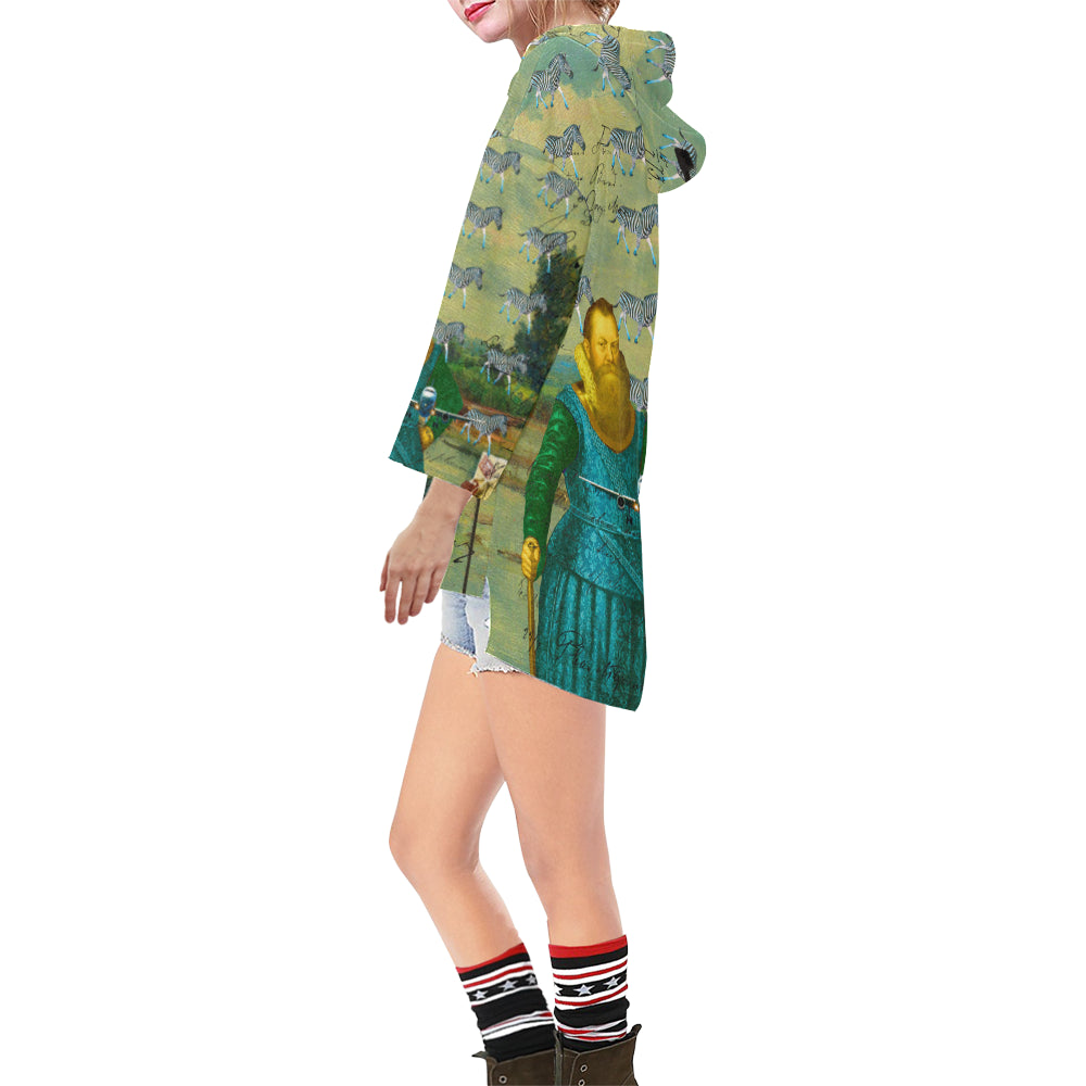 A PACKAGE FOR THE ZEBRAS Unisex Step Hem Tunic Hoodie featuring a drawstring hood, v-neckline, and vibrant collage prints in a soft oversized silhouette.