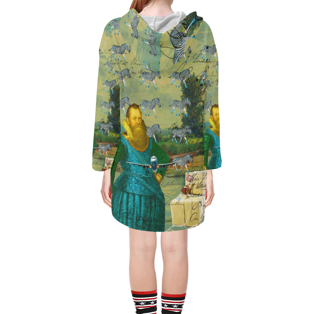 A PACKAGE FOR THE ZEBRAS Unisex Step Hem Tunic Hoodie featuring a drawstring hood, v-neckline, and vibrant collage prints in a soft oversized silhouette.