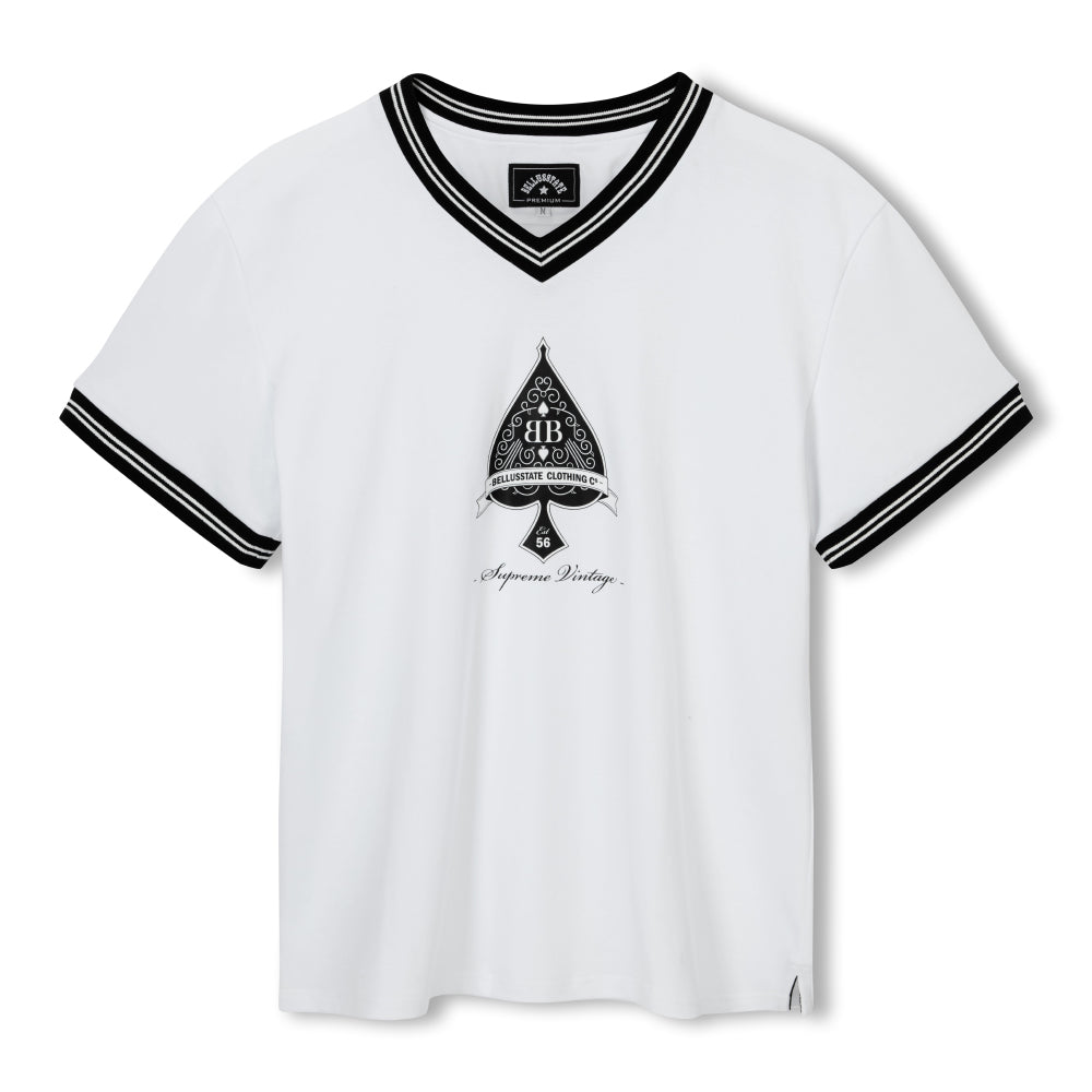 Ace Of Spades V-neckline Cotton Unisex T-shirt featuring a classic design, soft white cotton fabric, and stylish ribbed detailing.