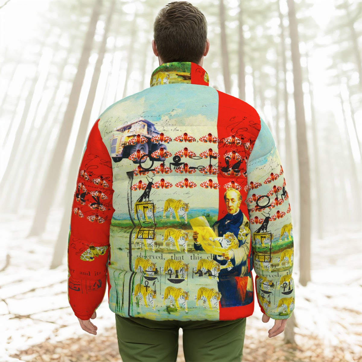 A vibrant all-over print unisex down jacket with a stand-up collar, featuring a double zipper and side pockets, perfect for winter wear.