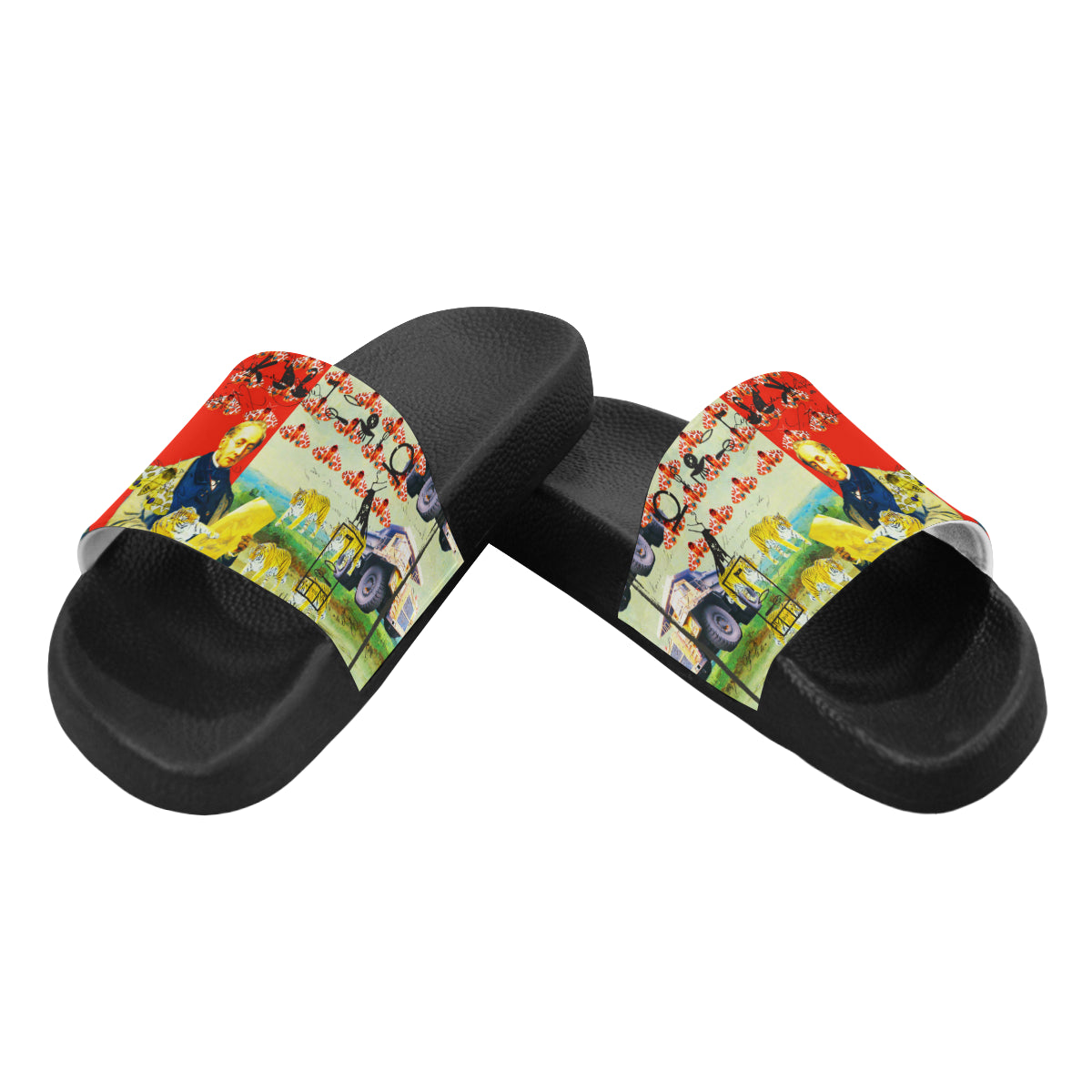 Men's printed slides with a colorful strap and cushioned sole, perfect for casual wear.
