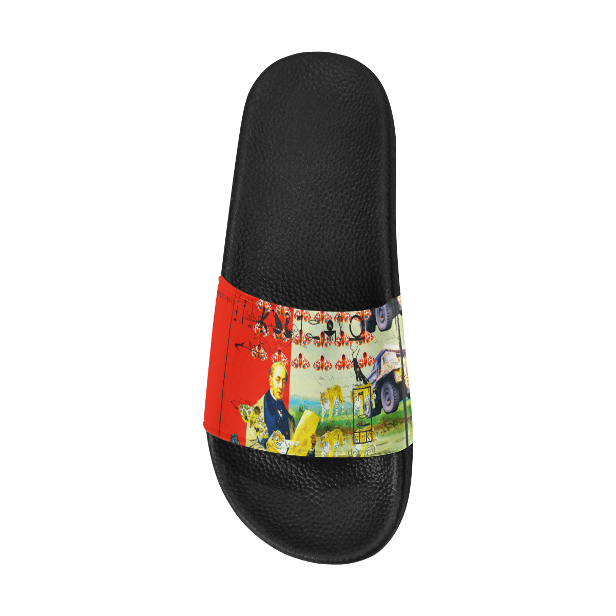 Men's printed slides with a colorful strap and cushioned sole, perfect for casual wear.