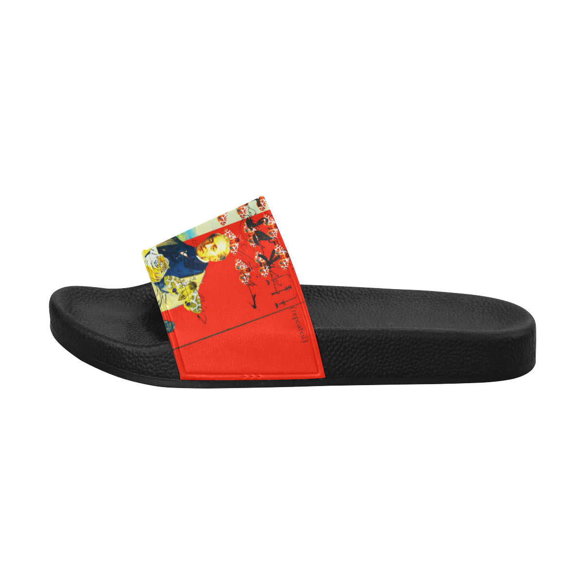 Men's printed slides with a colorful strap and cushioned sole, perfect for casual wear.