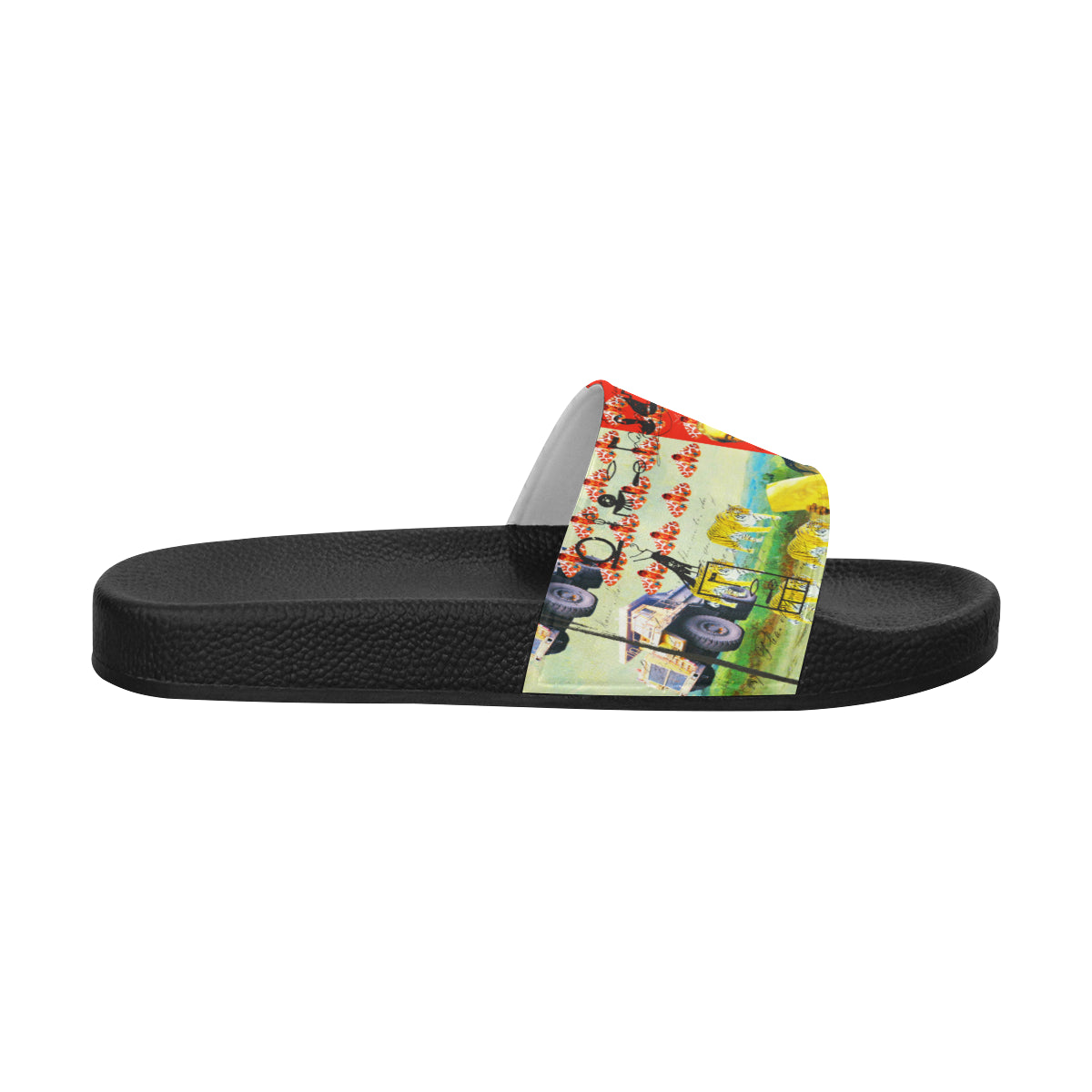 Men's printed slides with a colorful strap and cushioned sole, perfect for casual wear.