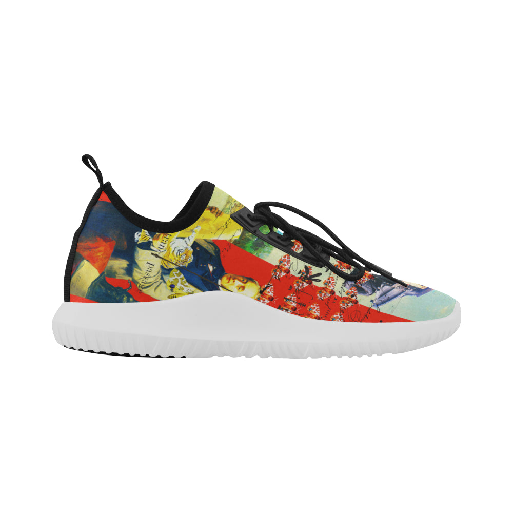 Men's ultra light running shoes with all over print design, featuring a bouncy sole and padded outsole for comfort.